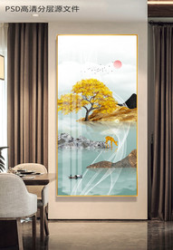 发财树麋鹿金色山水玄关装饰画