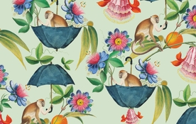 手绘插画猴子叶子花朵与雨伞