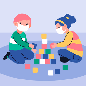 戴口罩小孩 玩积木的儿童