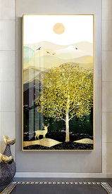 新中式抽象山水金色麋鹿玄关画