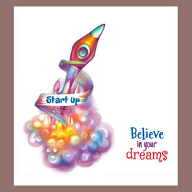 卡通酷炫插画颜色绚丽烟雾云火箭