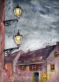 街道田园风景油画