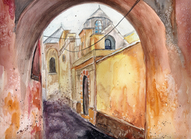 街道田园风景油画