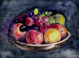 静物果盘水彩画