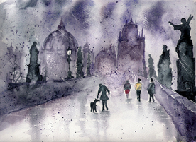 街道田园风景油画