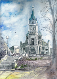 冬季树林街道风景油画