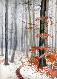 冬季树林街道风景油画