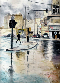 冬季树林街道风景油画