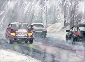 冬季树林街道风景油画