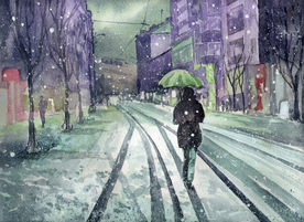 冬季树林街道风景油画