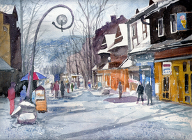 冬季树林街道风景油画