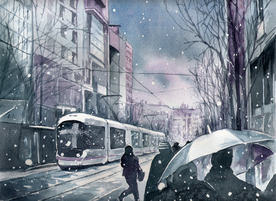 冬季树林街道风景油画