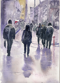 冬季树林街道风景油画