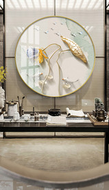 新中式荷花九鱼图圆形装饰画