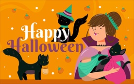 卡通万圣节黑猫和女巫