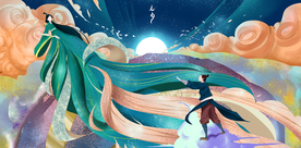 七夕牛郎织女插画卡通背景素材