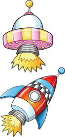 彩绘卡通飞船火箭宇宙太空插画图