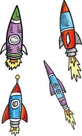 手绘卡通火箭升空航天飞机元素