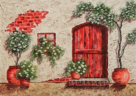 手绘插画红色们与盆栽