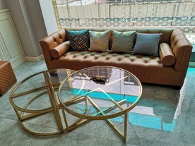 皮沙发 橘色沙发 轻奢沙发茶几