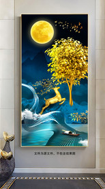 新中式发财树麋鹿装饰画