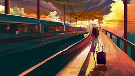 少女火车清新卡通插画背景素材