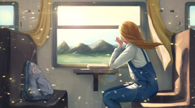 少女火车清新卡通插画背景素材