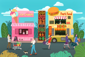 摆摊街头立体插画卡通背景素材