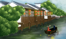 山水小镇传统插画卡通背景素材