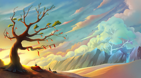 天空树木清新插画卡通背景素材