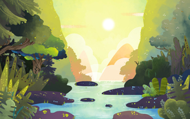 山水清新插画卡通背景素材