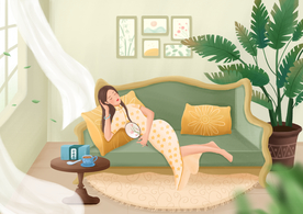 女性午后清新插画卡通背景素材