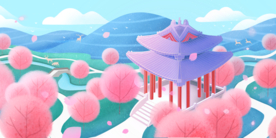 粉色凉亭清新插画卡通背景素材