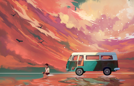 旅游人物巴士插画卡通背景素材