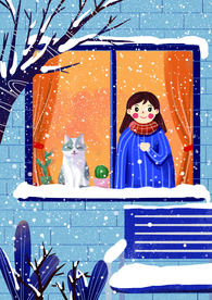 冬季窗台寒冷插画卡通背景素材