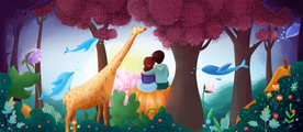 森林长颈鹿梦幻人物插画卡通背景