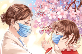 戴口罩桃花母亲女儿清新插画背景