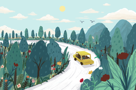 旅游出行山水清新插画卡通背景