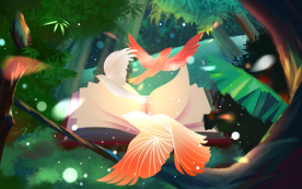 魔法森林树木喜鹊插画卡通素材