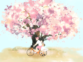 桃花林情侣插画卡通清新背景素材