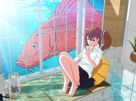 少女锦鲤传统插画卡通背景素材