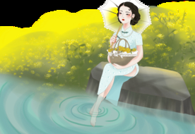 油菜花少女插画卡通背景素材