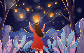 孔明灯少女传统插画卡通海报素材