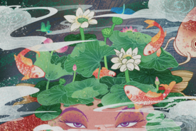 锦鲤少女水彩国风插画卡通背景