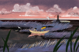 湖边少女水彩国风插画卡通背景