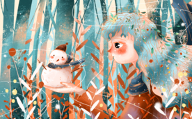 森林雪人清新少女插画卡通背景