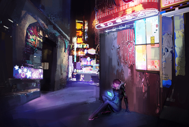 游戏未来小巷人物插画卡通背景