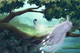 森林孔雀少女清新插画卡通背景