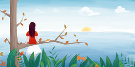 湖面人物枝头清新插画卡通背景