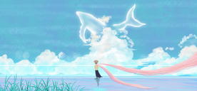 海边鲸鱼人物清新插画卡通背景